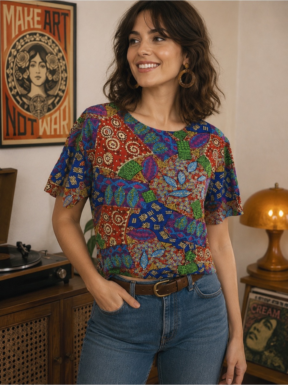 VINTAGE Colorful Abstract Shirt 90s Retro Short Sleeve Womens Blouse